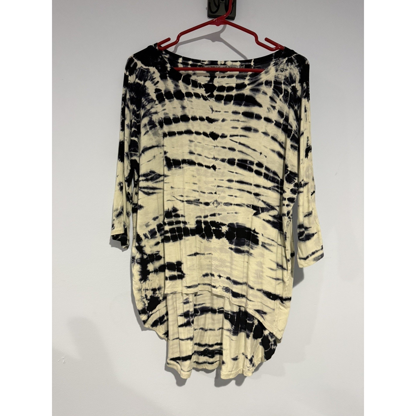 Michael Stars Tie-Dye 3/4 Sleeve High-Low Top One Size Navy Off White